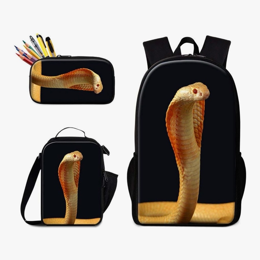 Cobra Print Black Backpack Set with Pencil Case and Lunch Bag